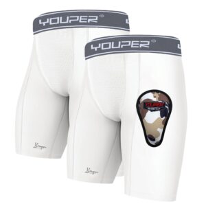 Youper Boys Athletic Supporter, Compression Shorts w/Soft Protective Athletic Cup, Youth Sizes (Large, White Grey)