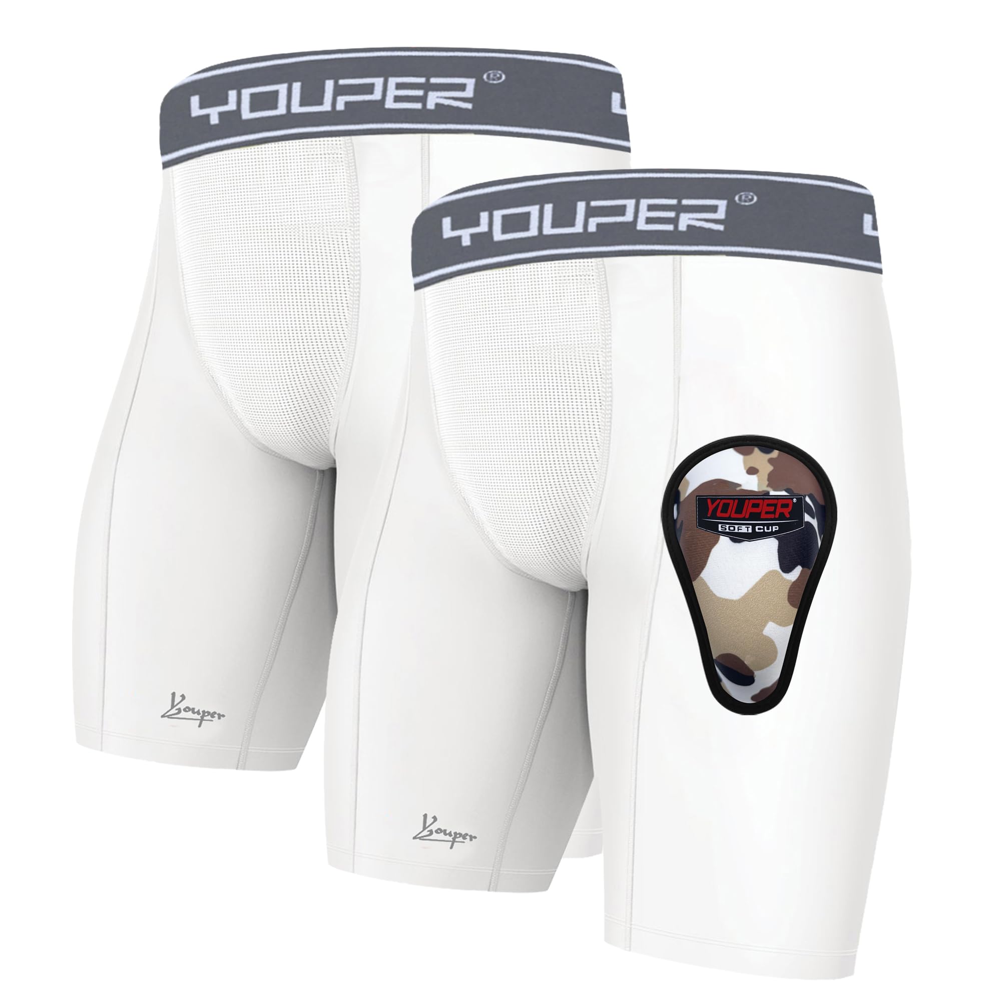 Youper Boys Athletic Supporter, Compression Shorts w/Soft Protective Athletic Cup, Youth Sizes (Small, White Grey)