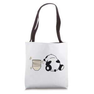 full panda laying down sleeping next to stacked empty bowls tote bag