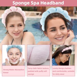 NewBang 2pcs Sponge Spa Headband for Women Girl Terry Towel Cloth Fabric Skincare HeadBands Wristband for Washing Face Makeup Removal Shower Yoga Puffy Padded Soft Head Band Hairband Set Pink & Blue