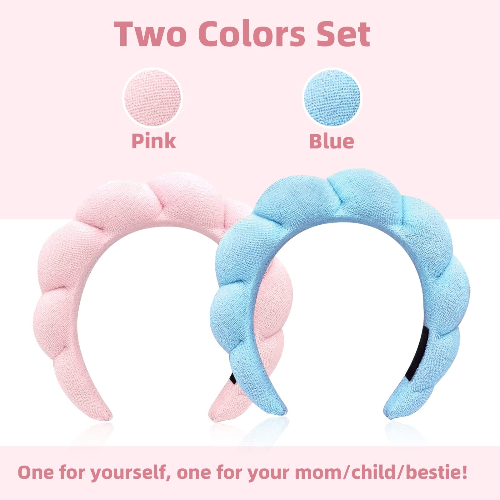 NewBang 2pcs Sponge Spa Headband for Women Girl Terry Towel Cloth Fabric Skincare HeadBands Wristband for Washing Face Makeup Removal Shower Yoga Puffy Padded Soft Head Band Hairband Set Pink & Blue