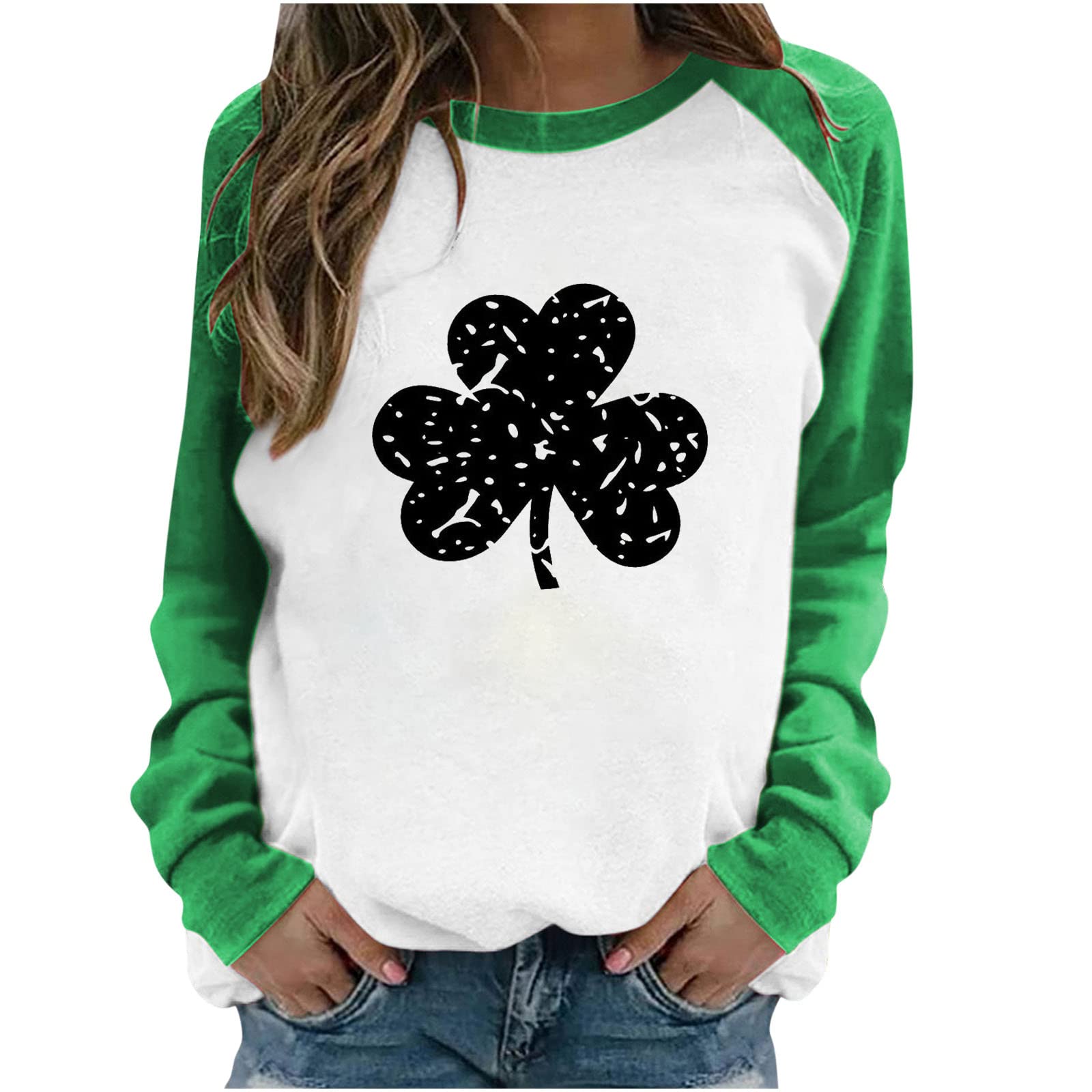 Women's Spring Patchwork St. Patrick's Day Printed Casual Raglan Sleeves Trendy Round Neck Tee Pullover Tops