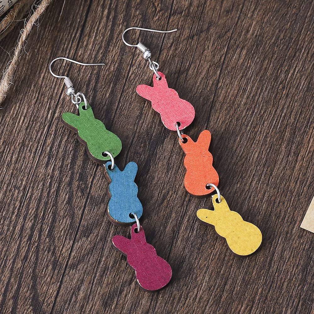 Colorful Teardrop Easter Rabbit Wooden Drop Dangle Earrings Bunny Carrot Egg Double Sided Leopard Print for Women Lovely Handmade Jewelry-A