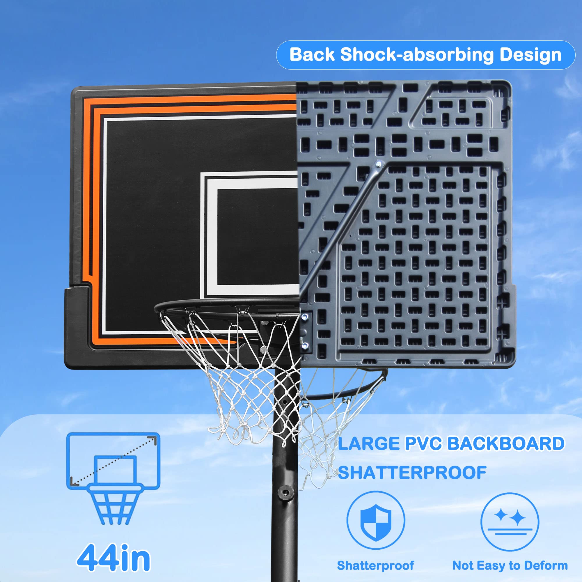 Basketball Hoop Outdoor, 7-10ft Height Adjustable Basketball Hoop with 44in Shatterproof Backboard and Wheels for Teenagers Adults Outdoor Indoor, Portable Basketball Goal Basket Balls Outdoor Hoop