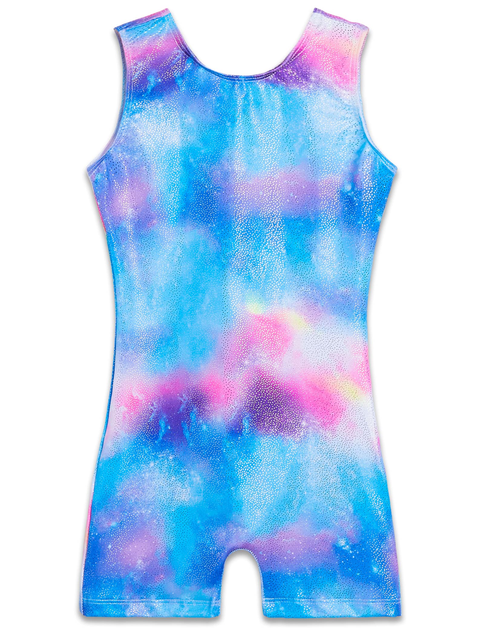 Girls Gymnastics Leotards with Shorts for 9-10 Year Old Big Kids Sparkly Blue Tie Dye Print Sleeveless Biketard Unitards