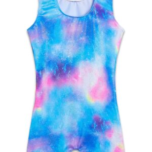 Girls Gymnastics Leotards with Shorts for 9-10 Year Old Big Kids Sparkly Blue Tie Dye Print Sleeveless Biketard Unitards