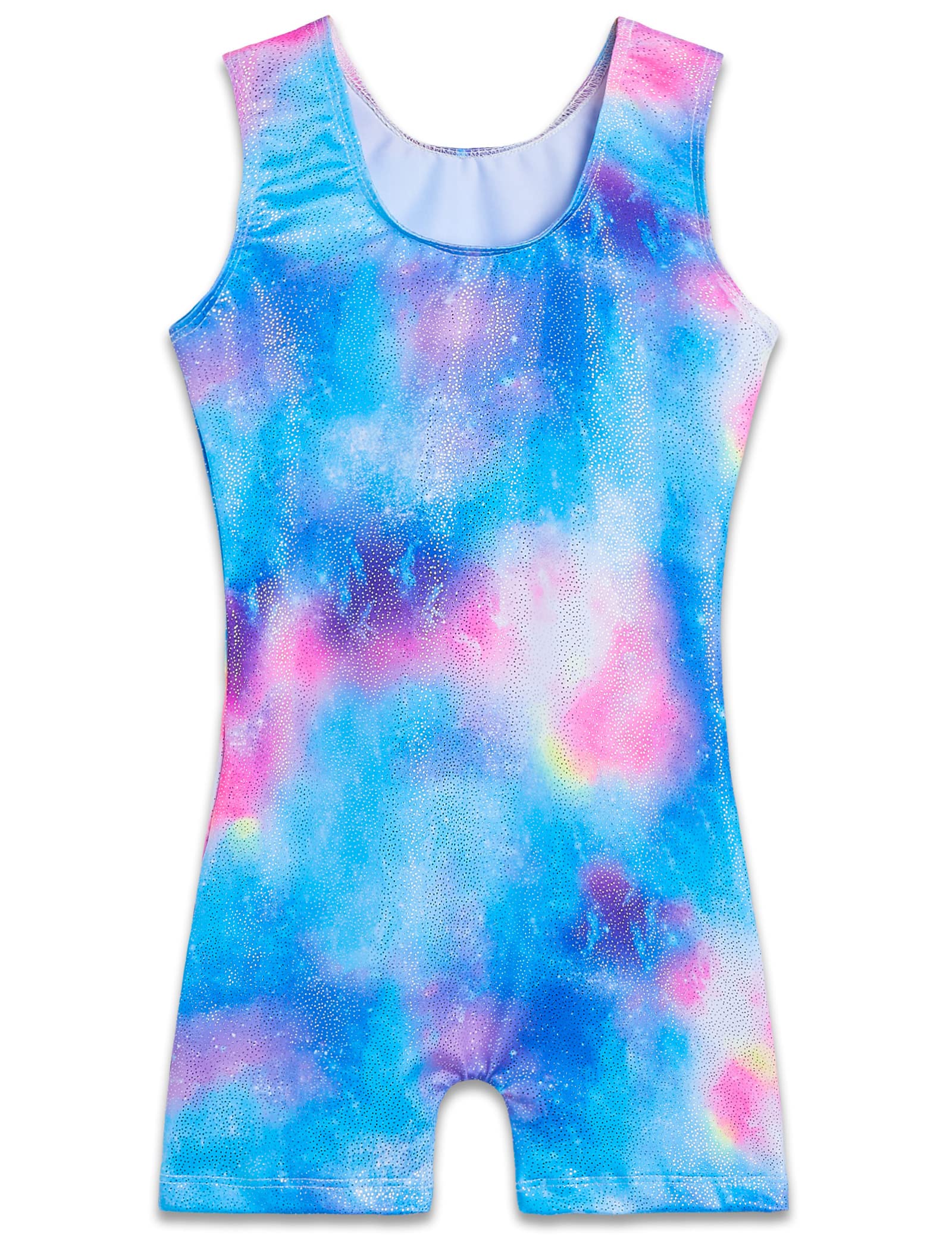 Girls Gymnastics Leotards with Shorts for 9-10 Year Old Big Kids Sparkly Blue Tie Dye Print Sleeveless Biketard Unitards