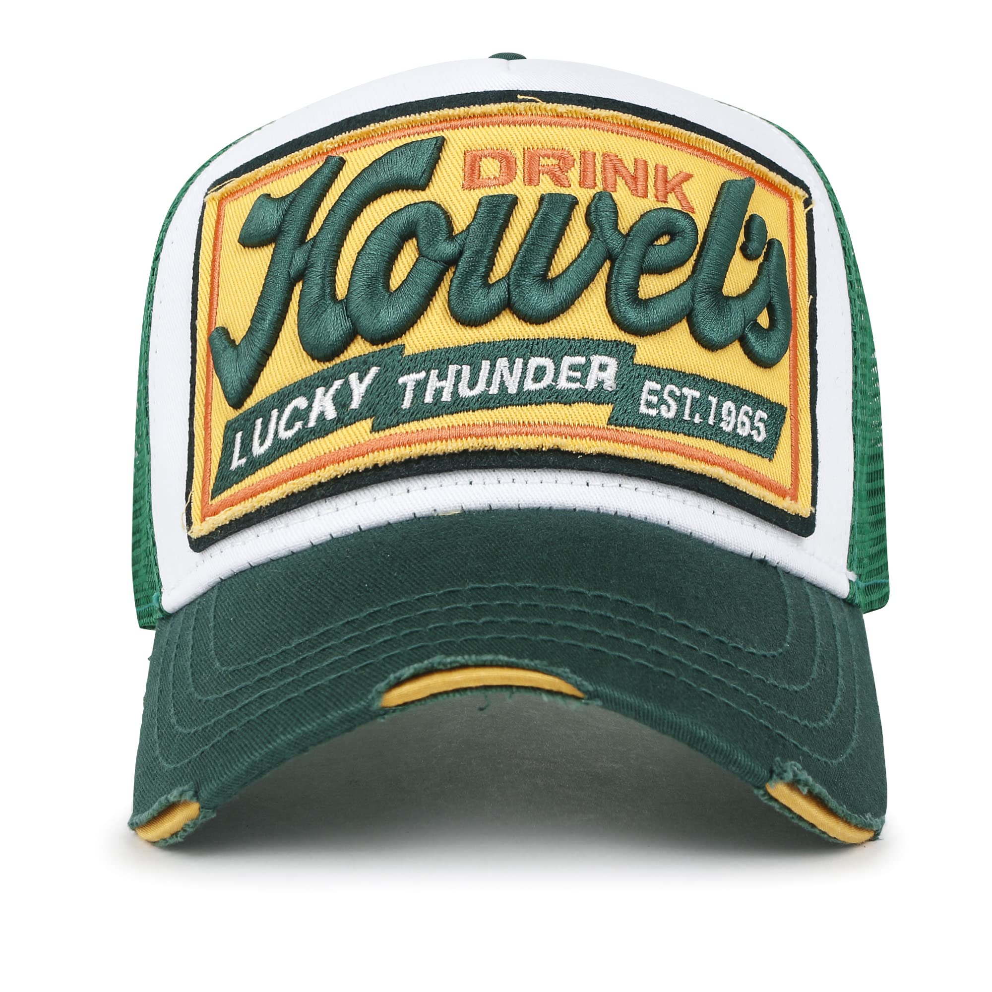 ililily Premium Howels Embroidery Vintage Baseball Cap Distressed Trucker Hat, Green, Medium