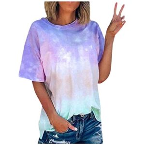 Women's Tie-Dye Short Sleeves Tee Tops Summer Crew-Neck Casual Loose Comfy T Shirts Blouse Blue