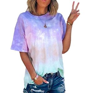 Women's Tie-Dye Short Sleeves Tee Tops Summer Crew-Neck Casual Loose Comfy T Shirts Blouse Blue