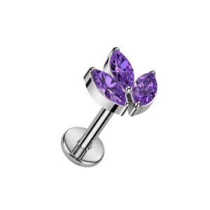 pierced owl 16ga f136 implant grade titanium internally threaded cz crystal marquise top flat back stud (purple)