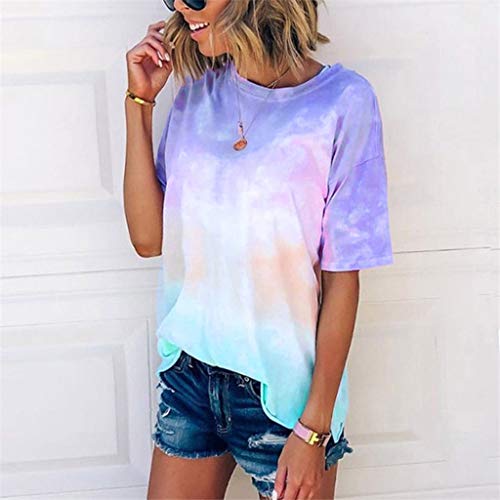 Women's Tie-Dye Short Sleeves Tee Tops Summer Crew-Neck Casual Loose Comfy T Shirts Blouse Blue