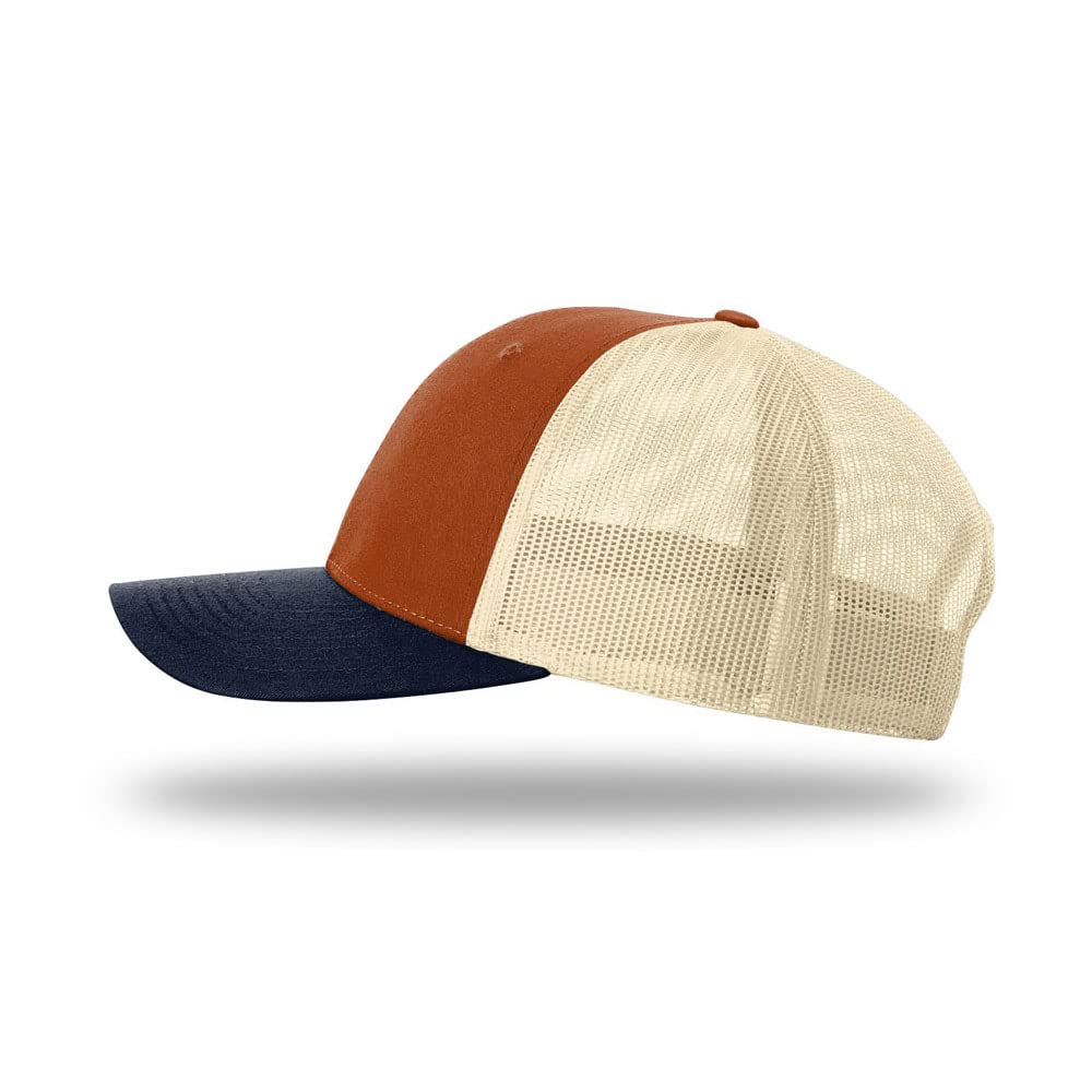 Richardson 115 Low-Profile Classic Trucker Snapback Hat Bundle with THP Hat & Clothing Brush (Dark Orange/Birch/Navy)