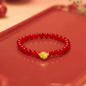 ZHOU LIU FU 24K Solid Gold Bracelets for Women, Stretchable Lucky Animals Real Gold Rabbit Bangle Charm Bracelets, Pure Gold Agate Beaded Zodiac Bunny Bracelet