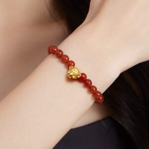 ZHOU LIU FU 24K Solid Gold Bracelets for Women, Stretchable Lucky Animals Real Gold Rabbit Bangle Charm Bracelets, Pure Gold Agate Beaded Zodiac Bunny Bracelet