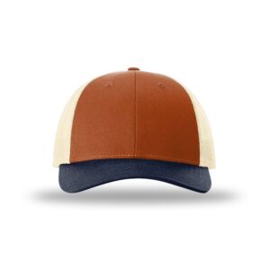 Richardson 115 Low-Profile Classic Trucker Snapback Hat Bundle with THP Hat & Clothing Brush (Dark Orange/Birch/Navy)