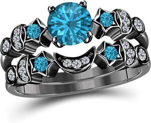 moon star style wedding band bridal set 1.75 tcw cz blue-topaz & cubic zirconia round engagement ring set 14k black gold plated 925 sterling silver