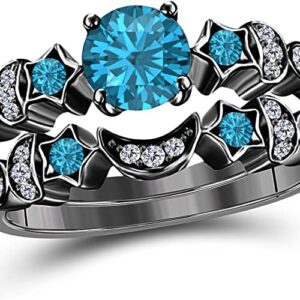 Moon Star Style Wedding Band Bridal Set 1.75 tcw CZ Blue-Topaz & Cubic Zirconia Round Engagement Ring Set 14k Black Gold Plated 925 Sterling Silver