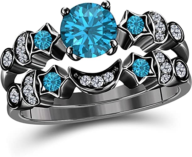 Moon Star Style Wedding Band Bridal Set 1.75 tcw CZ Blue-Topaz & Cubic Zirconia Round Engagement Ring Set 14k Black Gold Plated 925 Sterling Silver