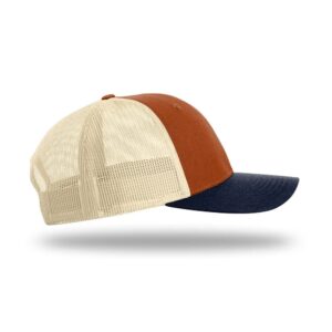 Richardson 115 Low-Profile Classic Trucker Snapback Hat Bundle with THP Hat & Clothing Brush (Dark Orange/Birch/Navy)