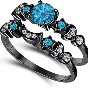 Moon Star Style Wedding Band Bridal Set 1.75 tcw CZ Blue-Topaz & Cubic Zirconia Round Engagement Ring Set 14k Black Gold Plated 925 Sterling Silver