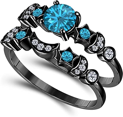 Moon Star Style Wedding Band Bridal Set 1.75 tcw CZ Blue-Topaz & Cubic Zirconia Round Engagement Ring Set 14k Black Gold Plated 925 Sterling Silver