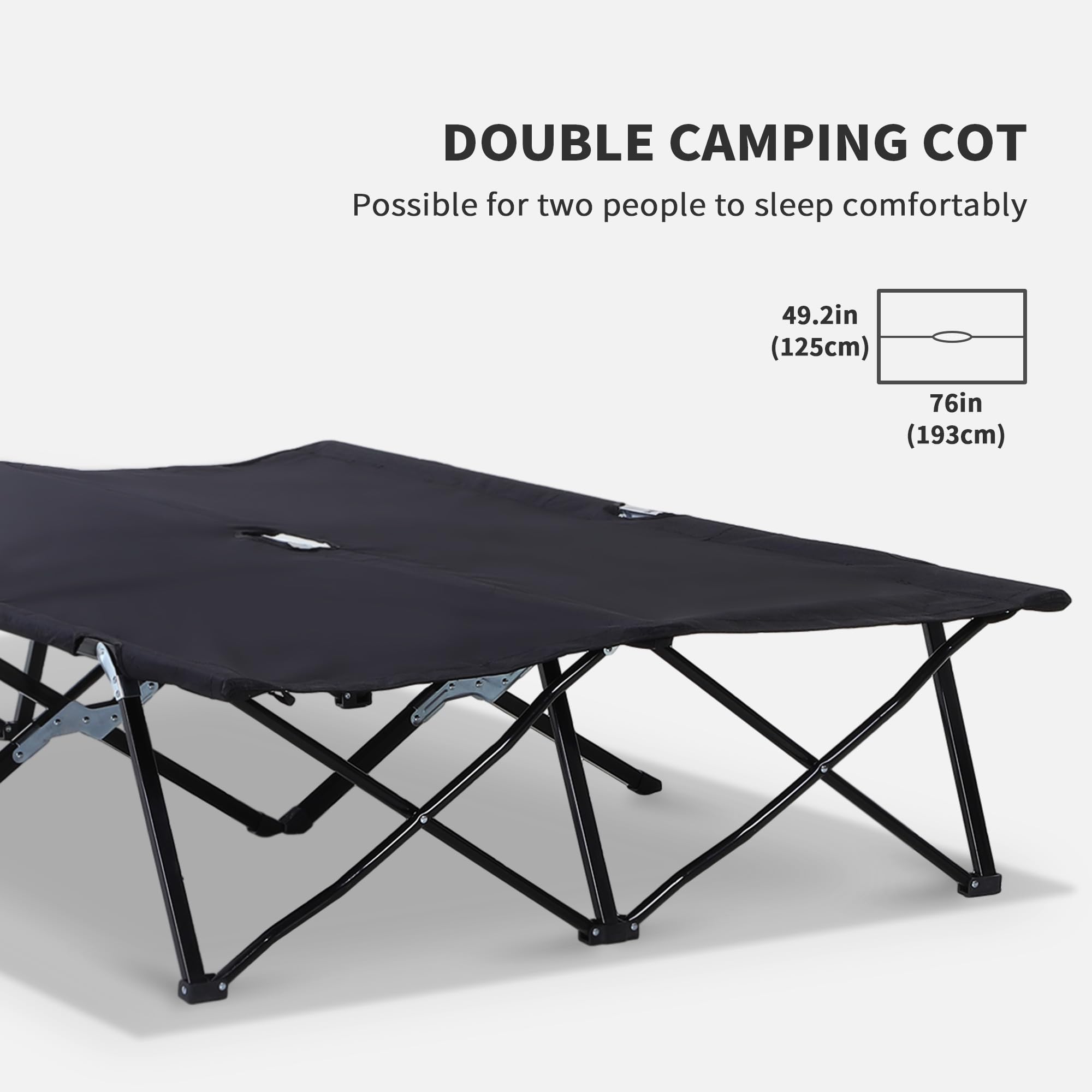 Outsunny 2 Person Folding Camping Cot for Adults, 50" Extra Wide Outdoor Portable Sleeping Cot with Carry Bag, Elevated Camping Bed, Beach Hiking, Black