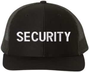 army universe security embroidered adjustable snapback trucker cap professional security officer guard hat (black with white security)