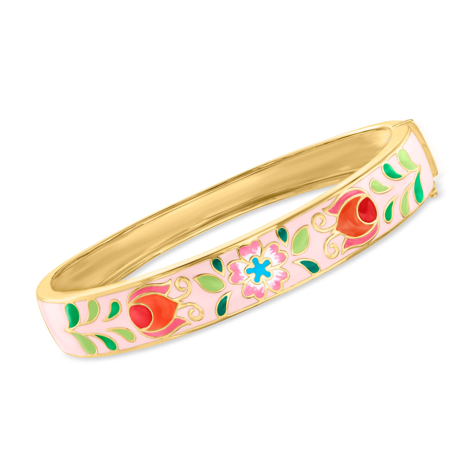 Ross-Simons Pink and Multicolored Enamel Floral Bangle Bracelet in 18kt Gold Over Sterling. 8 inches