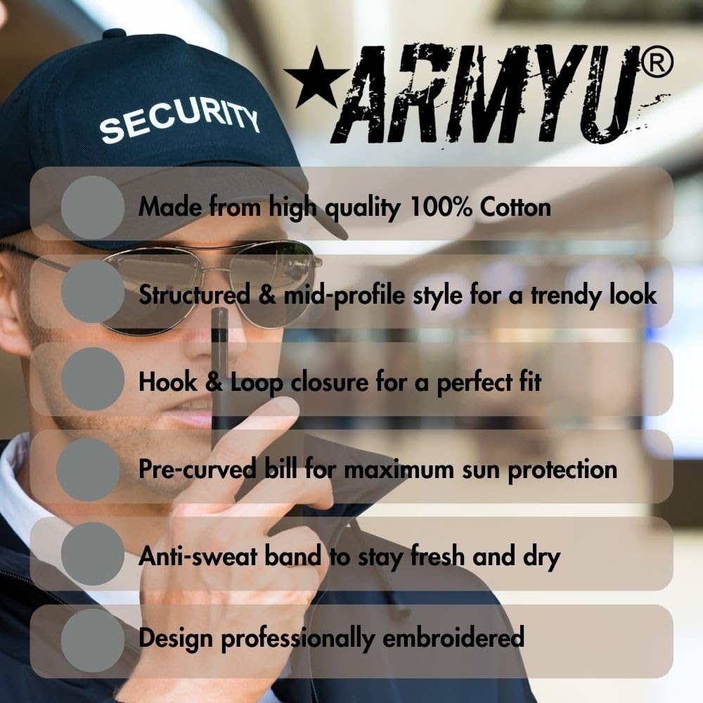 Army Universe Security Structured Adjustable Hat Six Panel Mid Profile Uniform Guard Officer Baseball Cap (Navy Blue with White Text)