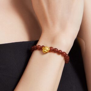 ZHOU LIU FU 24K Solid Gold Bracelets for Women, Stretchable Lucky Animals Real Gold Rabbit Bangle Charm Bracelets, Pure Gold Agate Beaded Zodiac Bunny Bracelet