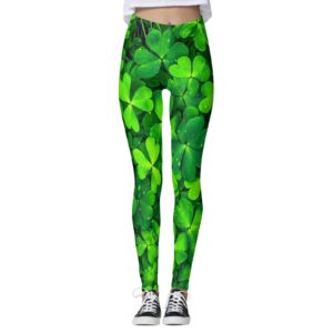 St Patricks Day Leggings for Women Stretchy Pants Green Shamrock St Patricks Day Clover Leaves Leprechauns Leggings