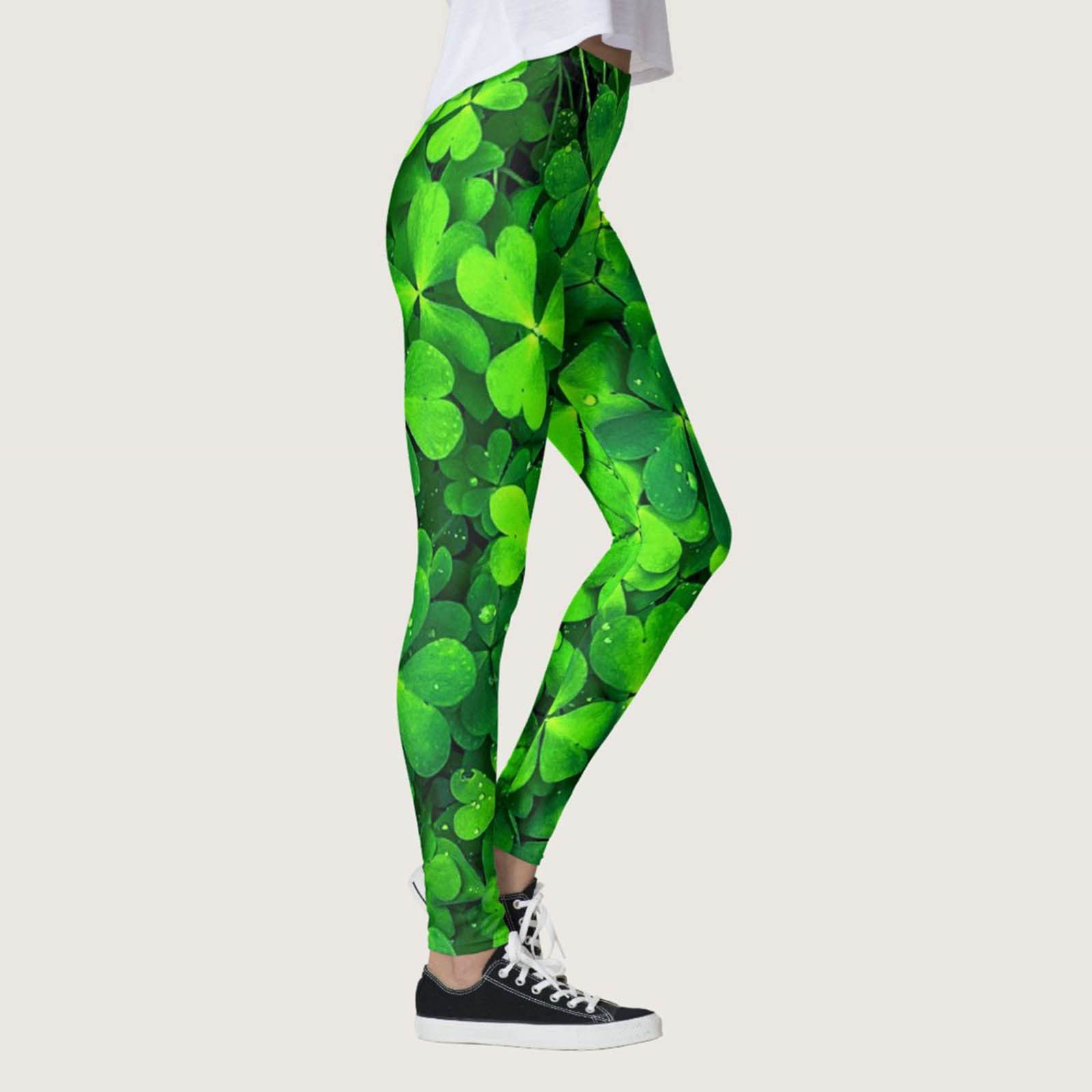 St Patricks Day Leggings for Women Stretchy Pants Green Shamrock St Patricks Day Clover Leaves Leprechauns Leggings