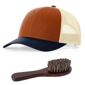 richardson 115 low-profile classic trucker snapback hat bundle with thp hat & clothing brush (dark orange/birch/navy)