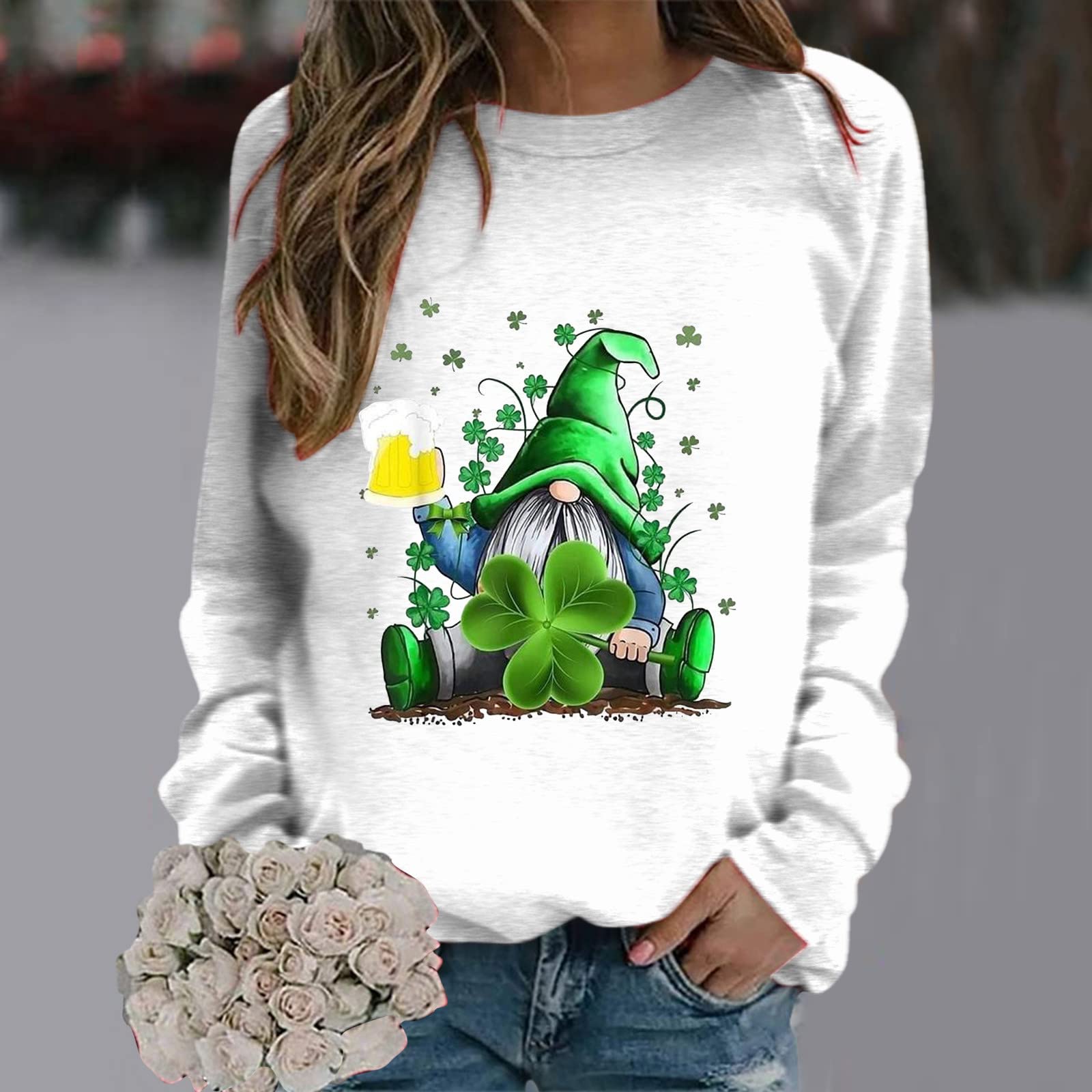 CGGMVCG St Patricks Day Shirt Women Long Sleeve Womens Fashion Hoodie Long Sleeve Pullover Green Tops for Women St Patricks, White, Medium