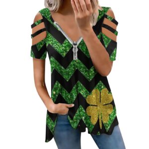 CGGMVCG St. Patricks Day Shirts for Women Top for Women Western Shirt Zipper Pullover Short St Patricks Day Clothes for Women (Black, XL)