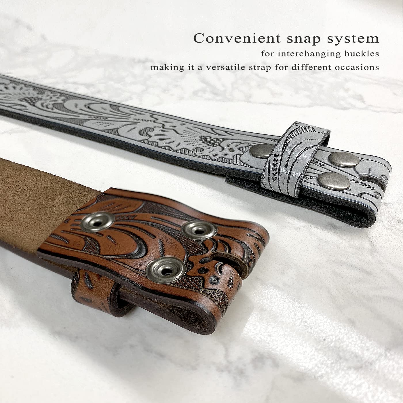 BS220 Western Floral Engraved Embossed Tooled Genuine Leather Belt Strap w/Snaps 1 1/2" Wide (Brown, 30)