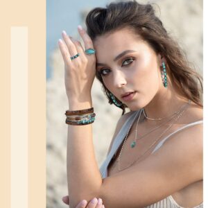 Ecally Bohemian Western Jewelry Turquoise Set Women Bohemian Pendant Long Choker Layered Bracelets Turquoise Earrings Ring(Boho)