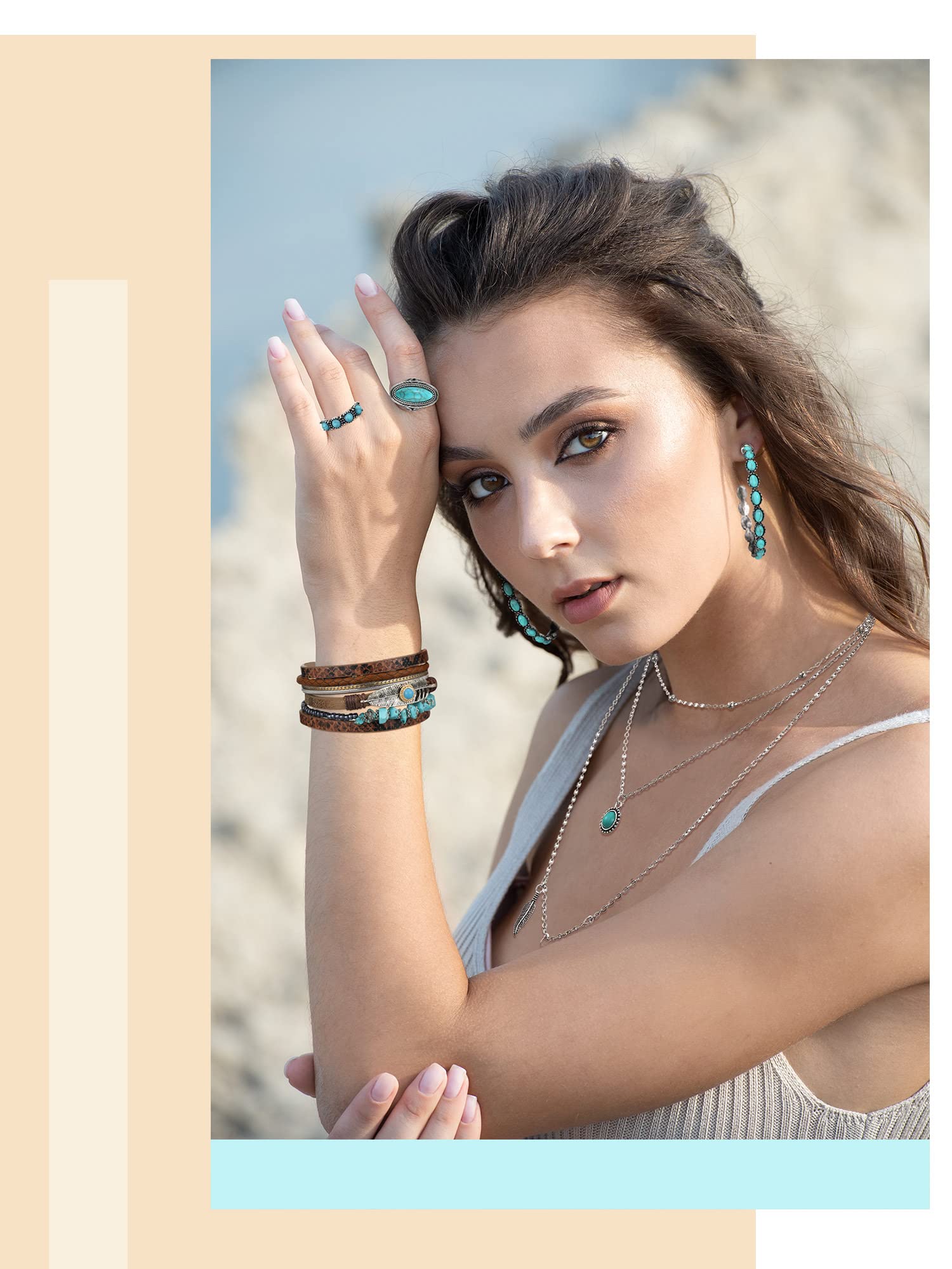 Ecally Bohemian Western Jewelry Turquoise Set Women Bohemian Pendant Long Choker Layered Bracelets Turquoise Earrings Ring(Boho)