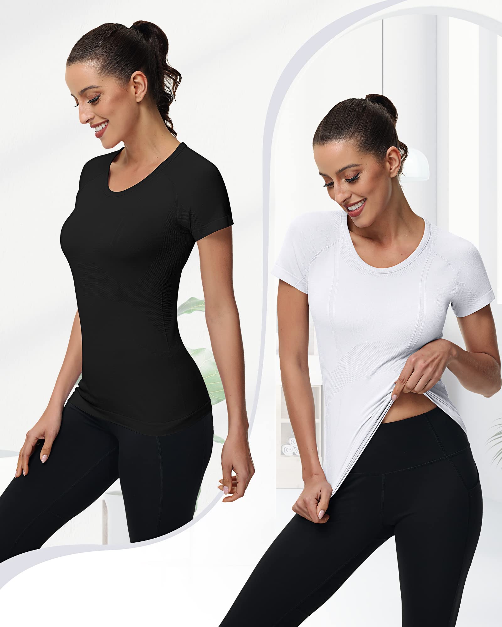 2 Pieces Women Long Sleeve Workout Shirt Seamless Workout Shirts with Thumb Holes Fitted Top Sports Yoga Athletic Shirt Top (Short Sleeve White, Black, X-Small)