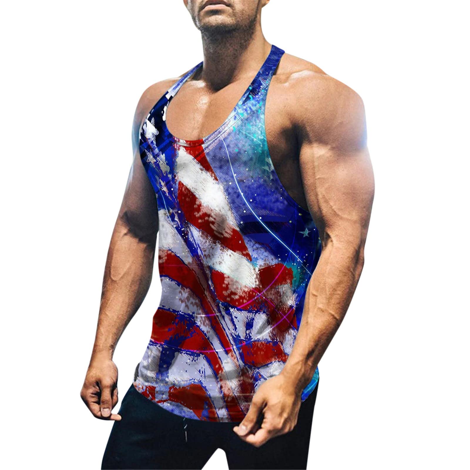 Mens 4th of July Active Athleitic Gym Vests Tie-Dye American Flag Muscle Tank Tops Summer Sleeveless Independence Day Shirts