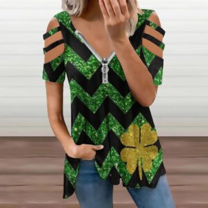 CGGMVCG St. Patricks Day Shirts for Women Top for Women Western Shirt Zipper Pullover Short St Patricks Day Clothes for Women (Black, XL)