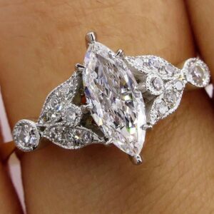 BeBold 3Ct Marquise Cut Moissanite Vintage Inspired Leaf Accent Engagement Ring for Women Sterling Silver Dual Rhodium Plated