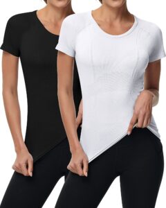 2 pieces women long sleeve workout shirt seamless workout shirts with thumb holes fitted top sports yoga athletic shirt top (short sleeve white, black, x-small)