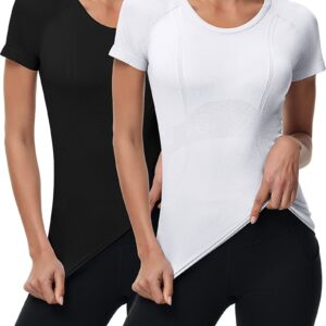 2 Pieces Women Long Sleeve Workout Shirt Seamless Workout Shirts with Thumb Holes Fitted Top Sports Yoga Athletic Shirt Top (Short Sleeve White, Black, X-Small)