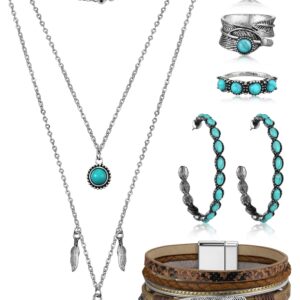 Ecally Bohemian Western Jewelry Turquoise Set Women Bohemian Pendant Long Choker Layered Bracelets Turquoise Earrings Ring(Boho)