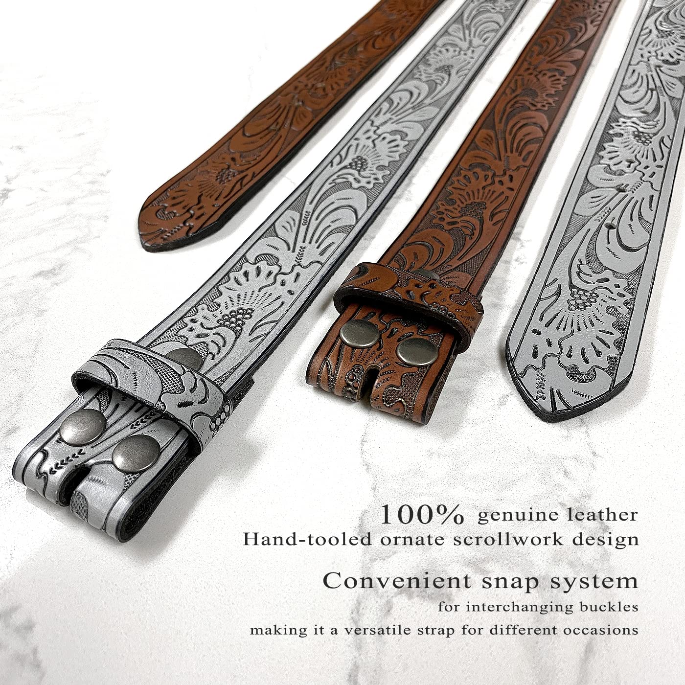 BS220 Western Floral Engraved Embossed Tooled Genuine Leather Belt Strap w/Snaps 1 1/2" Wide (Brown, 30)