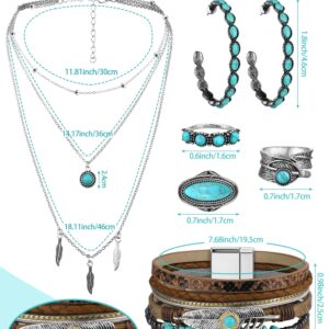 Ecally Bohemian Western Jewelry Turquoise Set Women Bohemian Pendant Long Choker Layered Bracelets Turquoise Earrings Ring(Boho)