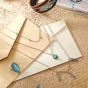 Ecally Bohemian Western Jewelry Turquoise Set Women Bohemian Pendant Long Choker Layered Bracelets Turquoise Earrings Ring(Boho)