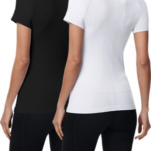 2 Pieces Women Long Sleeve Workout Shirt Seamless Workout Shirts with Thumb Holes Fitted Top Sports Yoga Athletic Shirt Top (Short Sleeve White, Black, X-Small)